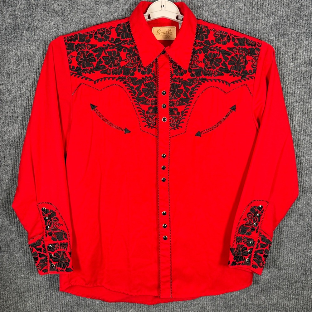 Vintage Scully Embroidered Red Western Shirt Men M Pearl Snap Rockabilly Retro